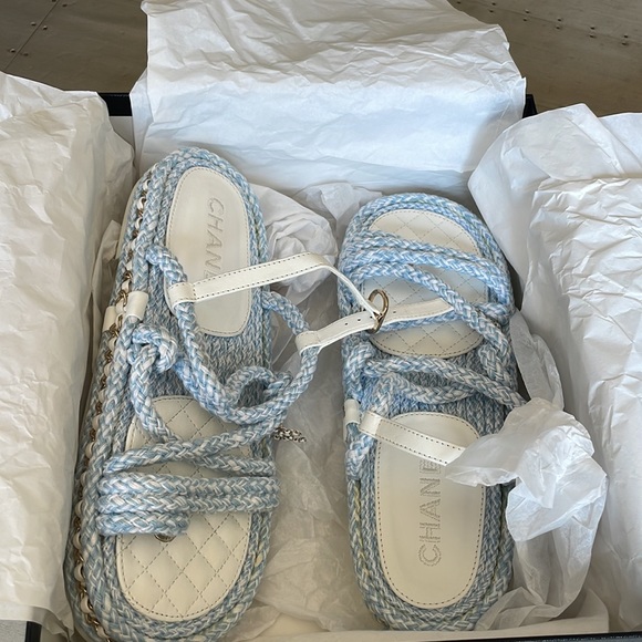 Chanel cord blue white chain charm sandal rope flats sz 39 with box $1425 - Picture 10 of 10